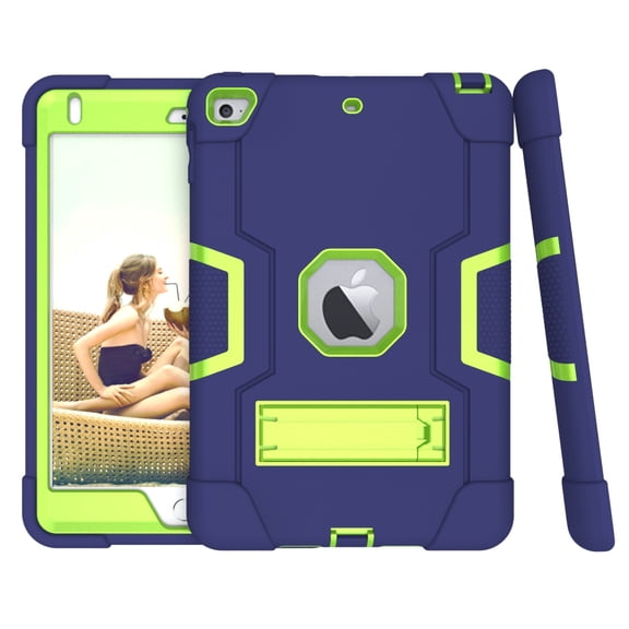 iPad Mini 5 Case (2019) Shockproof, iPad Mini 4 Case, Allytech Silicone Kickstand Heavy Duty Protective Hybrid Bumper Toddler Children Proof Back Cover for Apple iPad Mini 5/ Mini 4, Darkblue/Green