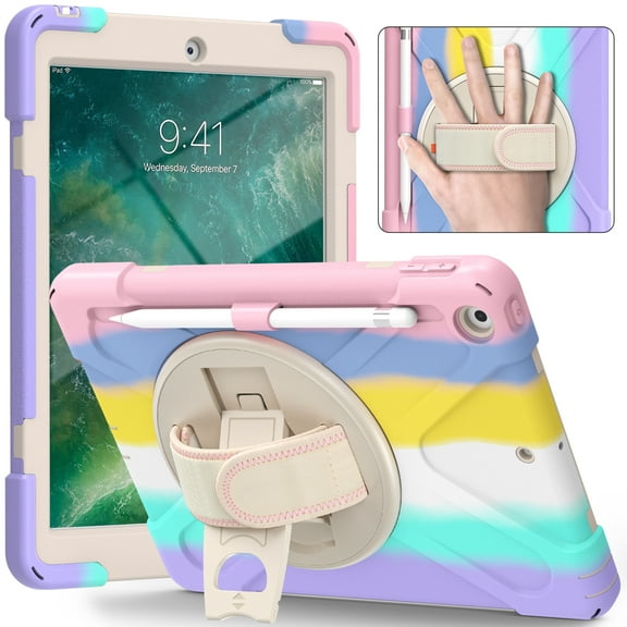 iPad Mini 5 Case for Kids, iPad Mini 5/Mini 4 Case Shockproof, Heavy Duty Protective Rugged iPad Mini Case with Pencil Holder /Kickstand Case for iPad Mini 5th/4th Generation 7.9 Inch - Rainbow Pink