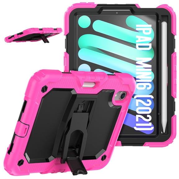 iPad Mini 6 Case 2021 8.3-inch, Dual Layer Shockproof Heavy Duty Rugged Hybrid Kickstand Protective Cover with Shoulder Strap & Pencil Holder, Rose