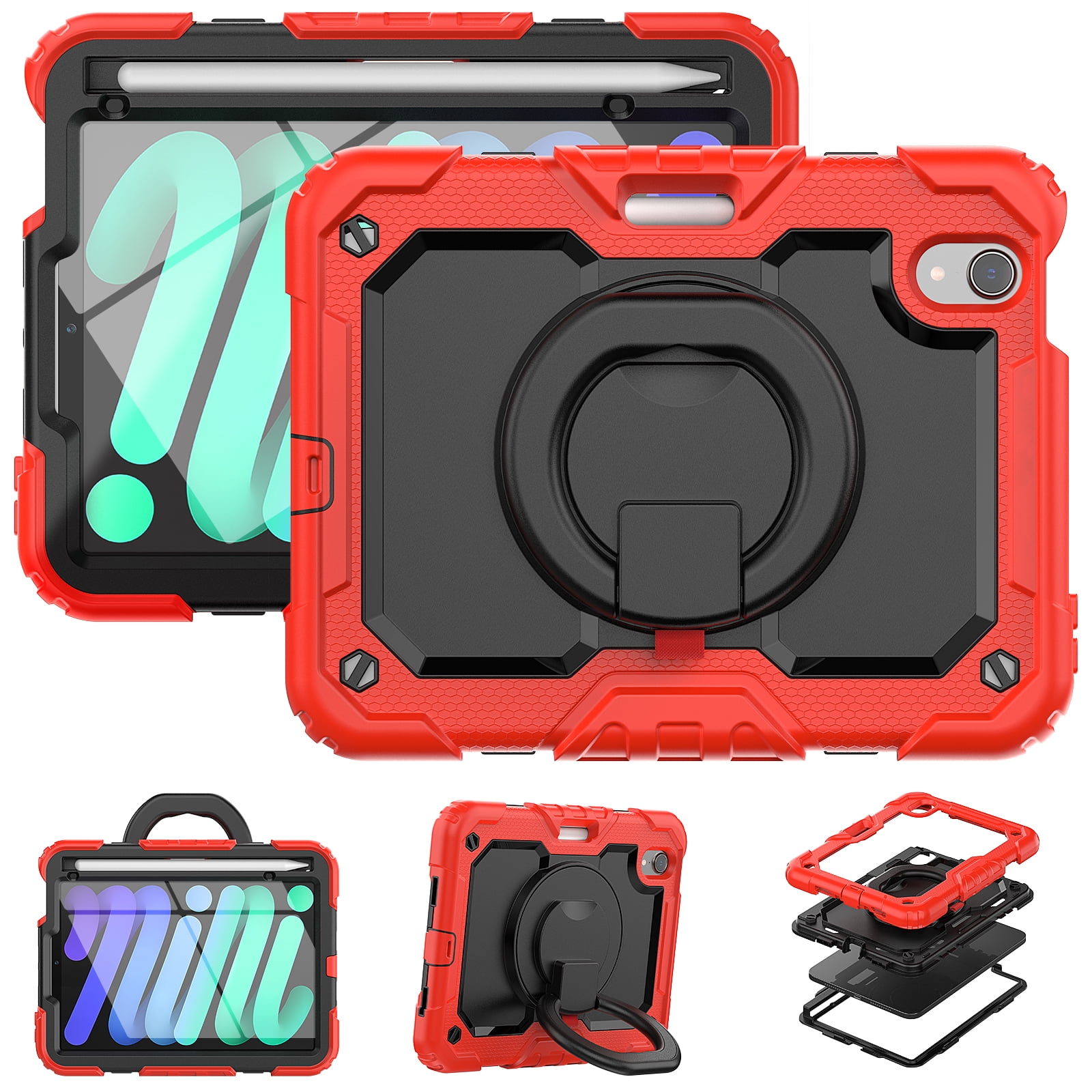 iPad Mini 6 Case 2021, Dteck 360 Rotating Heavy Duty Shockproof with Rugged Stand Pencil Holder for Kids Case for iPad Mini 6th Generation 8.3 Inch - Shoulder Strap, Screen Protector, Red