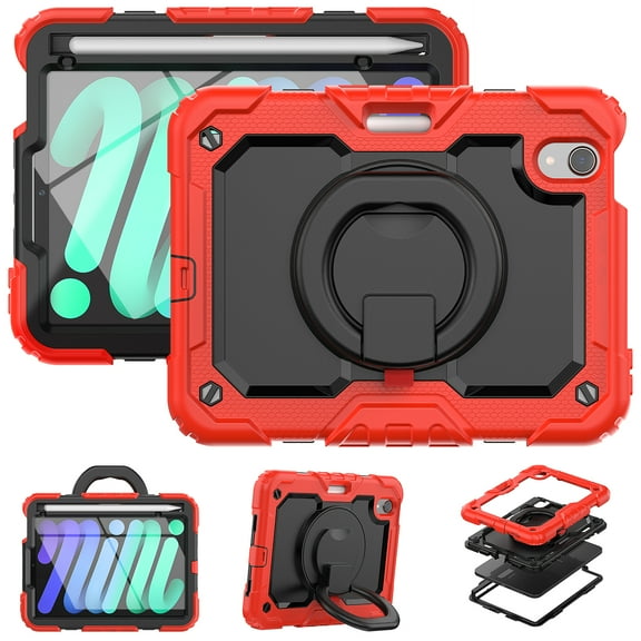 iPad Mini 6 Case 2021, Dteck 360 Rotating Heavy Duty Shockproof with Rugged Stand Pencil Holder for Kids Case for iPad Mini 6th Generation 8.3 Inch - Shoulder Strap, Screen Protector, Red