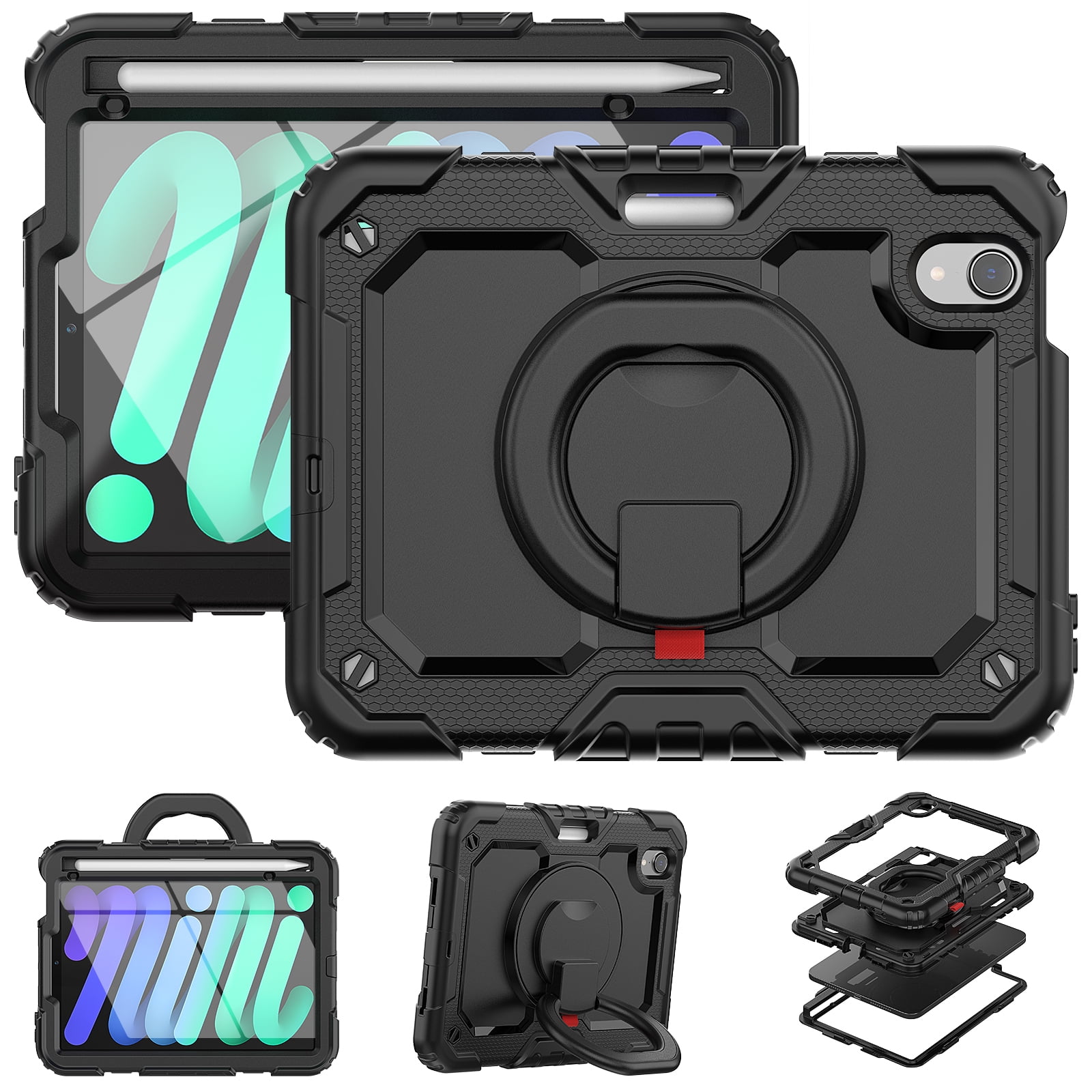 iPad Mini 6 Case 2021, Dteck 360 Rotating Heavy Duty Shockproof with Rugged Stand Pencil Holder for Kids Case for iPad Mini 6th Generation 8.3 Inch - Shoulder Strap, Screen Protector, Black
