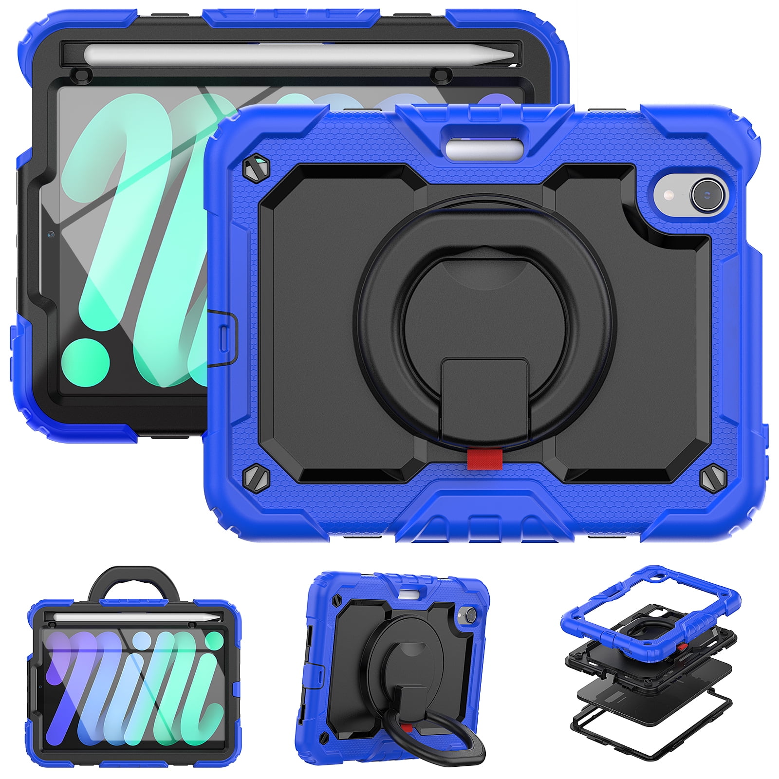iPad Mini 6 Case 2021, Dteck 360 Rotating Heavy Duty Shockproof with Rugged Stand Pencil Holder for Kids Case for iPad Mini 6th Generation 8.3 Inch - Shoulder Strap, Screen Protector, Blue