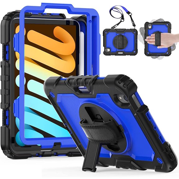 iPad Mini 6 Case 2021 with Pencil Holder Screen Protector [360 Rotating Stand/Hand Strap] + Shoulder Strap, HXCASEAC Shockproof Full Body Protective Case for iPad Mini 6th Generation 8.3 inch