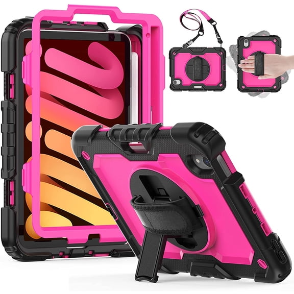 iPad Mini 6 Case 2021 with Pencil Holder Screen Protector [360 Rotating Stand/Hand Strap] + Shoulder Strap, HXCASEAC Shockproof Full Body Protective Case for iPad Mini 6th Generation 8.3 inch