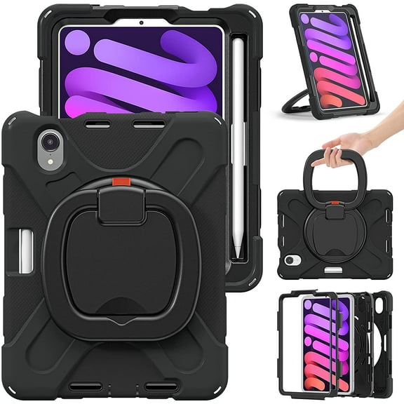 iPad Mini 6 Case 6th Generation 360°Rotatable Stand with Shoulder Strap Handle Pencil Holder Heavy Duty Shockproof Silicone Protective Case for iPad mini6 2021