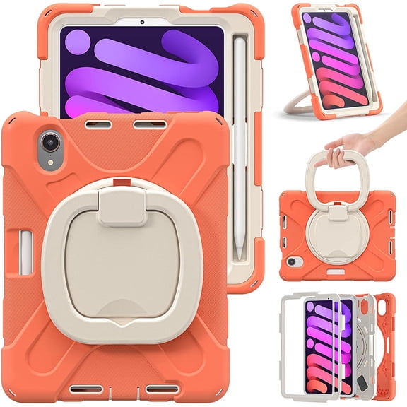 iPad Mini 6 Case 6th Generation 360°Rotatable Stand with Shoulder Strap Handle Pencil Holder Heavy Duty Shockproof Silicone Protective Case for iPad mini6 2021