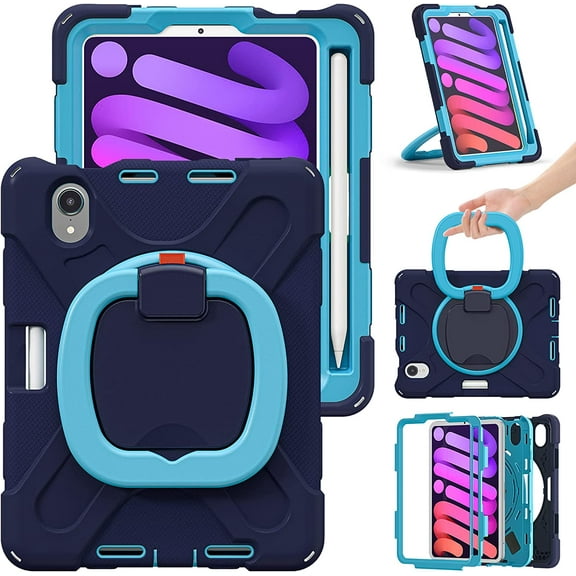 iPad Mini 6 Case 6th Generation 360°Rotatable Stand with Shoulder Strap Handle Pencil Holder Heavy Duty Shockproof Silicone Protective Case for iPad mini6 2021