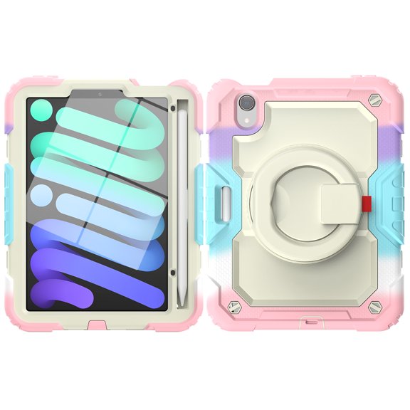 iPad Mini 6 Case 8.3 Inch 2021,Rugged Protective Case with Tempered Glass Film 360° Rotatable Kickstand Handle Kid Proof Case for Apple for iPad Mini 6th Generation 8.3 inch 2021,Colorful Pink