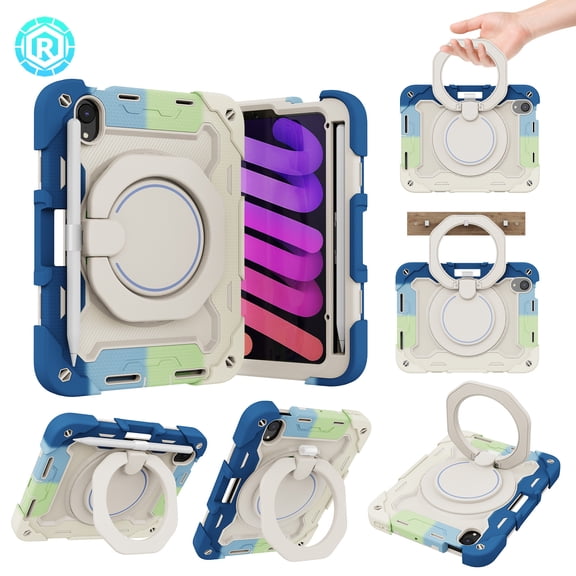 For iPad Mini 6 Case 8.3 inch 2021; iPad Mini 6th Generation Case with Charging Pencil Holder/ 360° Swivel Stand/ Handle Grip, Shockproof Protective Rugged Case, Rainbow Blue