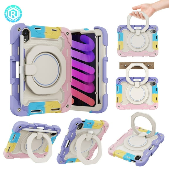 For iPad Mini 6 Case 8.3 inch 2021; iPad Mini 6th Generation Case with Charging Pencil Holder/ 360° Swivel Stand/ Handle Grip, Shockproof Protective Rugged Case, Rainbow Pink