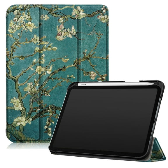 iPad Mini 6 Case with Pencil Holder, Allytech Folio PU Leather Anti-Scratch Viewing & Typing Stand Hard PC Shell with Soft Screen Protector Trifold Case for Apple iPad Mini 6 8.3" 2021,Apricot Blossom