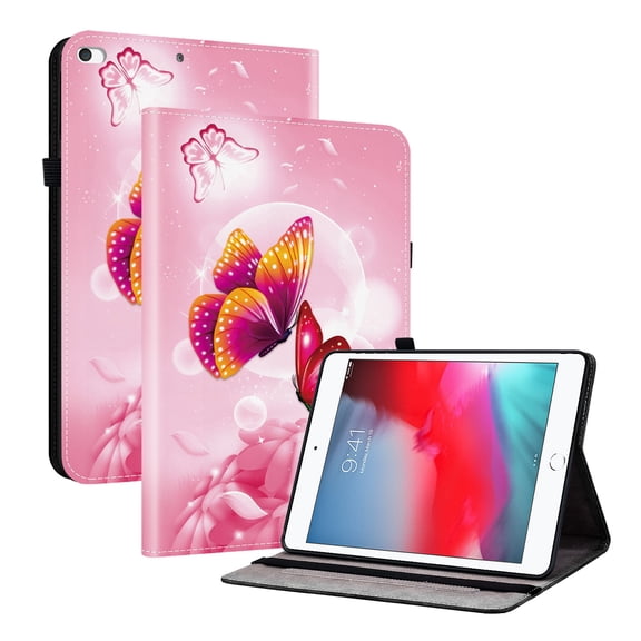 For iPad Mini 7.9" (5th Gen), Mini 4/3/2/1 (7.9") Folio Case with Stand/Card Slots/Elastic Band Closure/Pen Loop Holder, Stylish Cute PU Leather Protective Lightweight Slim Cover, Pink Butterfly