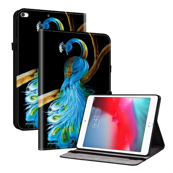 For iPad Mini 7.9" (5th Gen), Mini 4/3/2/1 (7.9") Folio Case with Stand/Card Slots/Elastic Band Closure/Pen Loop Holder, Stylish Cute PU Leather Protective Lightweight Slim Cover, Peacock