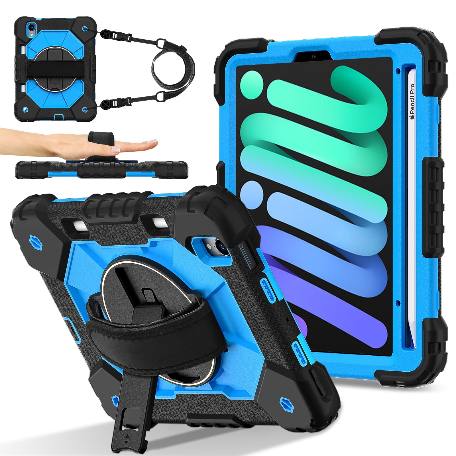 For iPad Mini 7th 6th Generation Case with Pencil Holder, Heavy Duty Shockproof Ruggd Rotating Kickstand Hand Strap Cover Case with Shoulder Strap Kids Friendly Case for Apple iPad Mini 6 7,Black+Blue