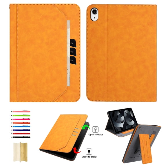 for iPad Mini 7th Gen 2024 Tablet Case with Card Slots, PU Leather Stand Folio Protective Cover, with Pencil Holder Wrist Strap Auto Wake/Sleep Full Body Case for iPad Mini 6th Gen 2021, Orange