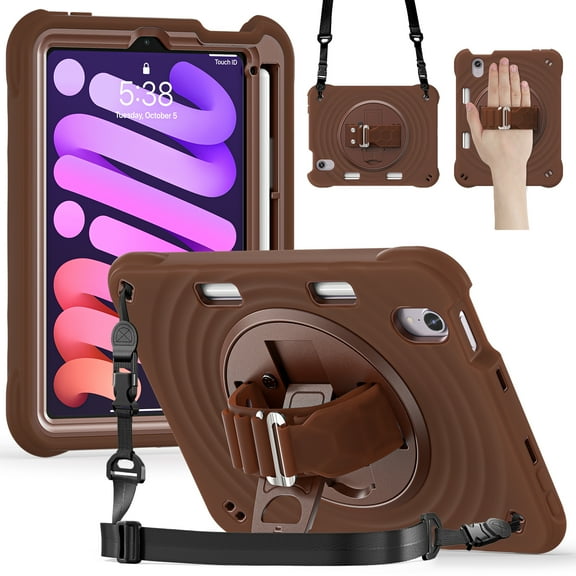 for iPad Mini 7th Gen 8.3" 2024 Case, Durable Sturdy Protection Case with Rotation Stand, Portable Hand Strap and Shoulder Strap Pencil Holder, Case for iPad Mini 6th Gen 8.3" 2021, Chocolate