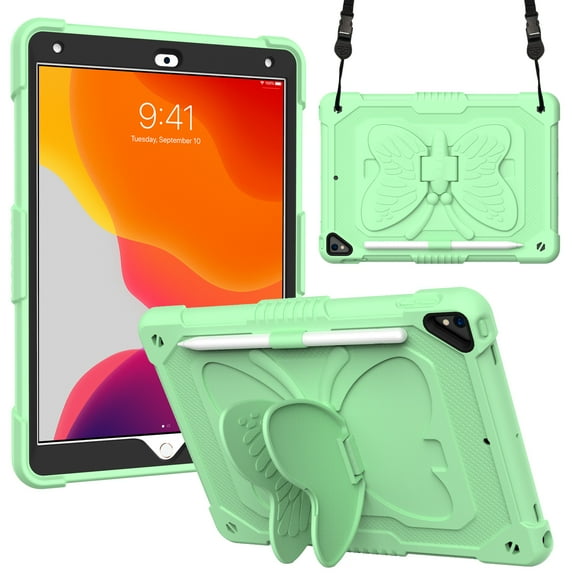 for iPad Mini 7th Gen 8.3" 2024 Kids Case with 3D Butterfly Stand & Pencil Holder, Tablet Case with Adjustable Shoulder Strap, Shockproof Protective Cover for iPad Mini 6th Gen 8.3" 2021, Green