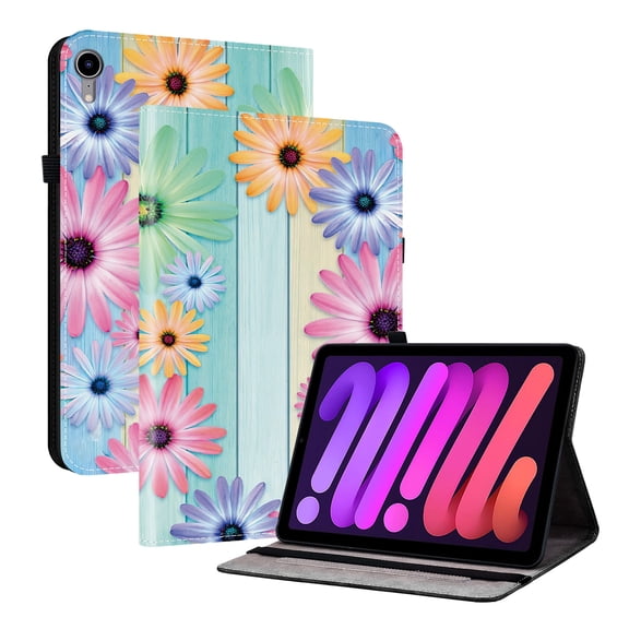 For iPad Mini 8.3" (A17 Pro), Mini 6 8.3" (6th Gen) Folio Case with Stand/Card Slots/Elastic Band Closure/Pen Loop Holder, Stylish Cute PU Leather Protective Lightweight Slim Cover, Colorful Daisy