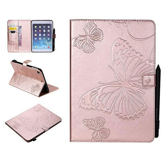iPad Mini Case, Mini 2/3/4 Case, Allytech Embossed with Butterfly Series AUTO WAKE/SLEEP Folio Smart Wallet Case with Cards/Cash Holder for iPad Mini 1/ iPad Mini 2/ iPad Mini 3/ iPad Mini 4,Rosegold
