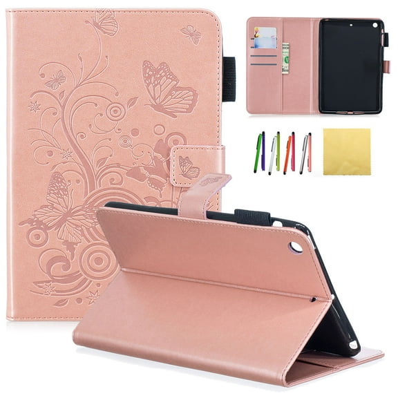 iPad Mini Case, iPad Mini 2/ Mini 3 Case, Allytech Emboss Butterfly PU Leather Cover Folio Flip Case Stand with Credit Card Slots for iPad Mini 1/ Mini 2/ Mini 3, Rosegold