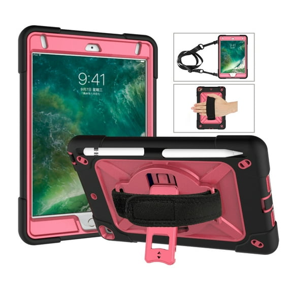 iPad Mini Case for iPad Mini 5 / Mini 4,Hybrid Shockproof Rugged Heavy Duty Full-Body Drop Protection Stand Kids Case with Shoulder Strap for iPad Mini 5 /iPad Mini 4,Black+Rose