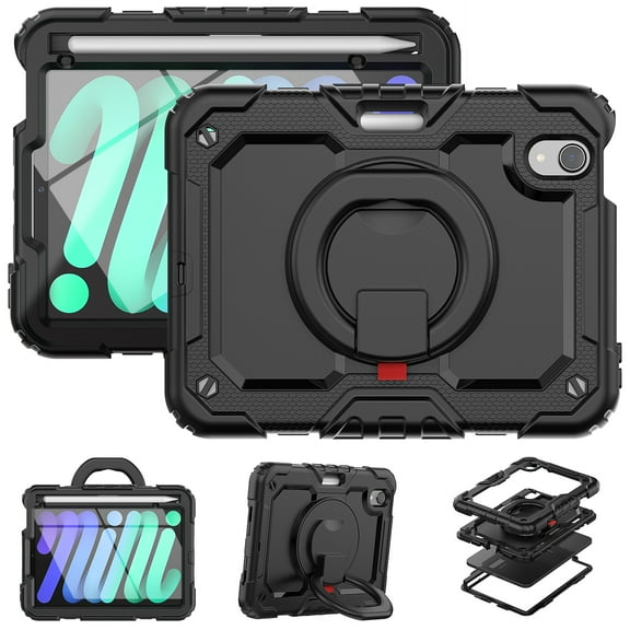 iPad Mini Case (8.3") (6th Generation) - TECH CIRCLE [Built with Screen Protector] Drop Proof Protective Kickstand Case Portable Handle Sturdy Rugged Cover for Apple 8.3-Inch iPad Mini Tablet, Black