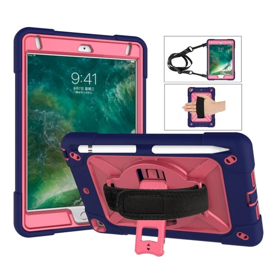iPad Mini Case for iPad Mini 3/2/1,Hybrid Shockproof Rugged Heavy Duty Full-Body Drop Protection Stand Kids Case with Shoulder Strap for iPad Mini 3/iPad Mini 2/iPad Mini,Blue+Rose