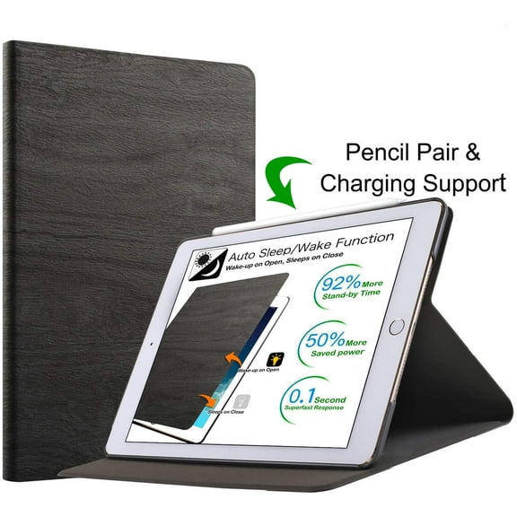 iPad PRO 2016 9.7 Inch [Pro 9.7 2016] A1673 A1674 MLPX2LL/A MLPW2LL/A MLPY2LL/A MLYJ2LL/A Slim Profile & Adjustable Viewing Angle Stand Wooden Texture Cover - Black