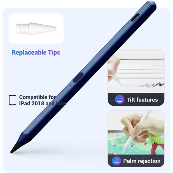iPad Pencil, Palm Rejection & Tilt Drawing Active Stylus Pen for Apple iPad Pro Air Mini (BLUE)