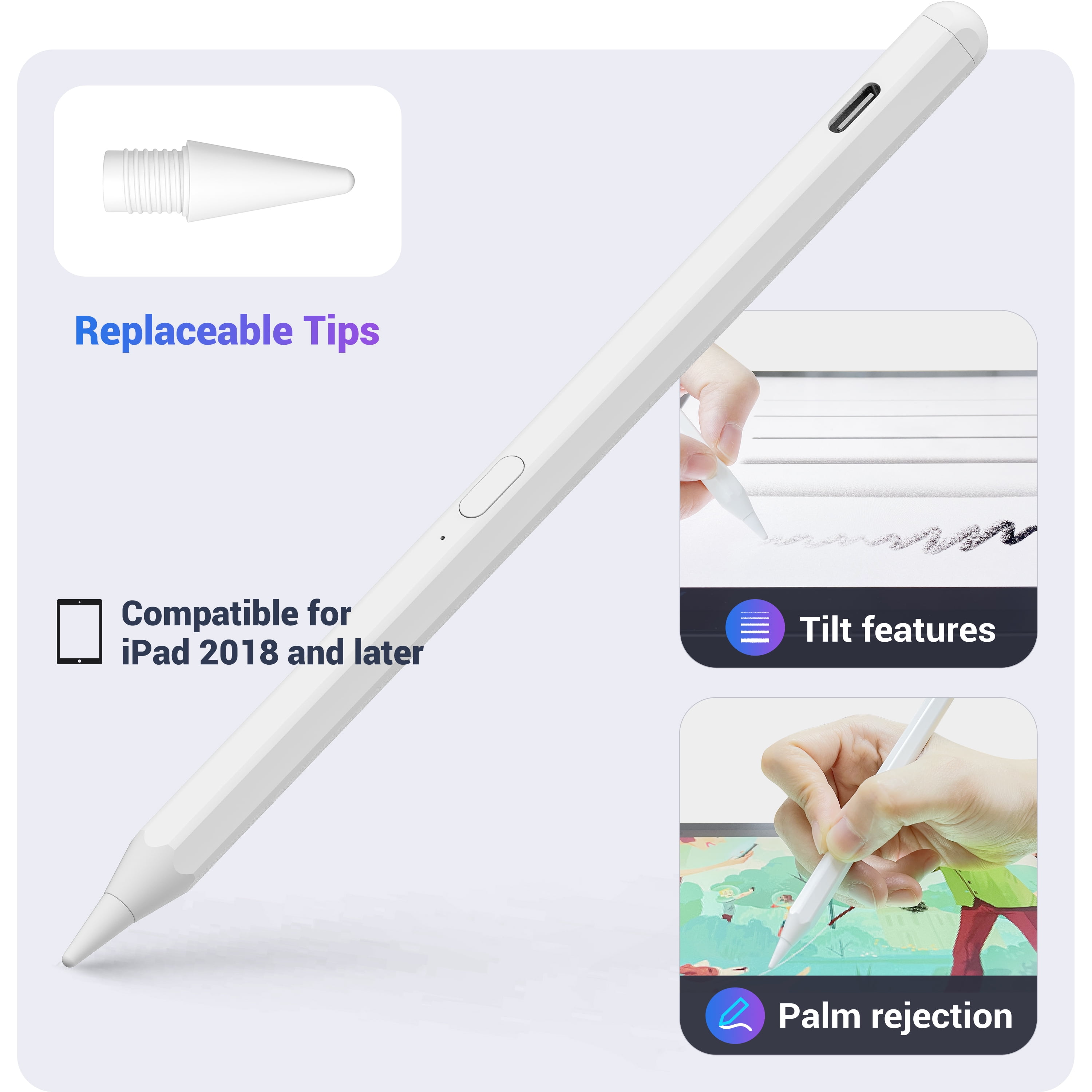 iPad Pencil, Palm Rejection & Tilt Drawing Active Stylus Pen for Apple iPad  Pro Air Mini (White) 