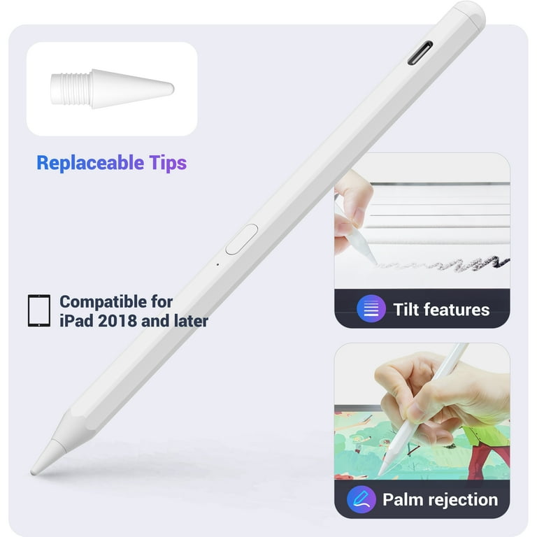 iPad Pencil, Palm Rejection & Tilt Drawing Active Stylus Pen for Apple iPad  Pro Air Mini (White)