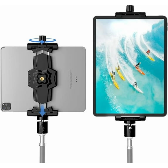 iPad and Phone Tripod Mount Adapter with Ball Head, iPad Holder for Tripod, 360 Rotatable Tablet Clamp Mount fits iPad Pro 12.9, Air Mini 3 4, Galaxy Tab, Surface Pro, Selfie Stick(5.3-10.6")