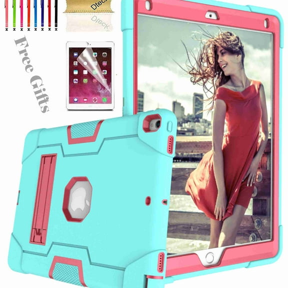 For iPad Pro 10.5 2017 A1701 A1709 Case, Dteck Shockproof [Full-Body] Hybrid 3-Layer Drop Protection Rugged Case Kickstand [HD Screen Protector] Cover , Aqua+Rose