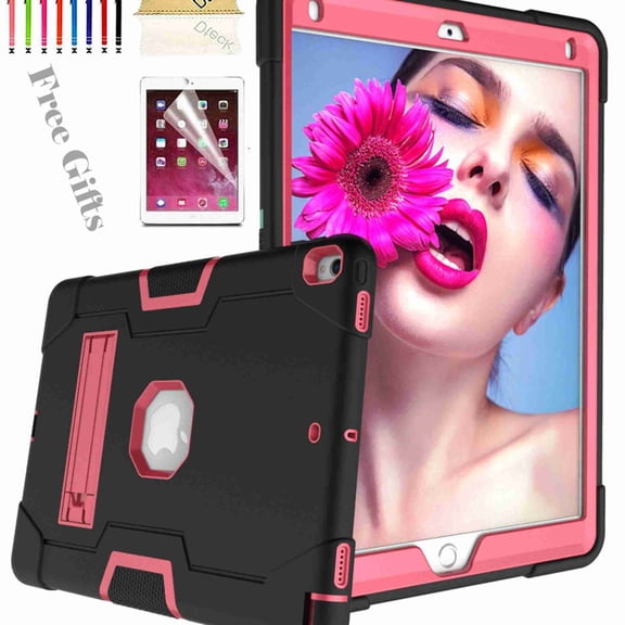 For iPad Pro 10.5 2017 A1701 A1709 Case, Dteck Shockproof [Full-Body] Hybrid 3-Layer Drop Protection Rugged Case Kickstand [HD Screen Protector] Cover , Black+Rose