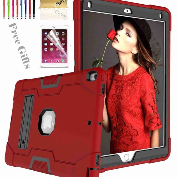 For iPad Pro 10.5 2017 A1701 A1709 Case, Dteck Shockproof [Full-Body] Hybrid 3-Layer Drop Protection Rugged Case Kickstand [HD Screen Protector] Cover , Red+Black