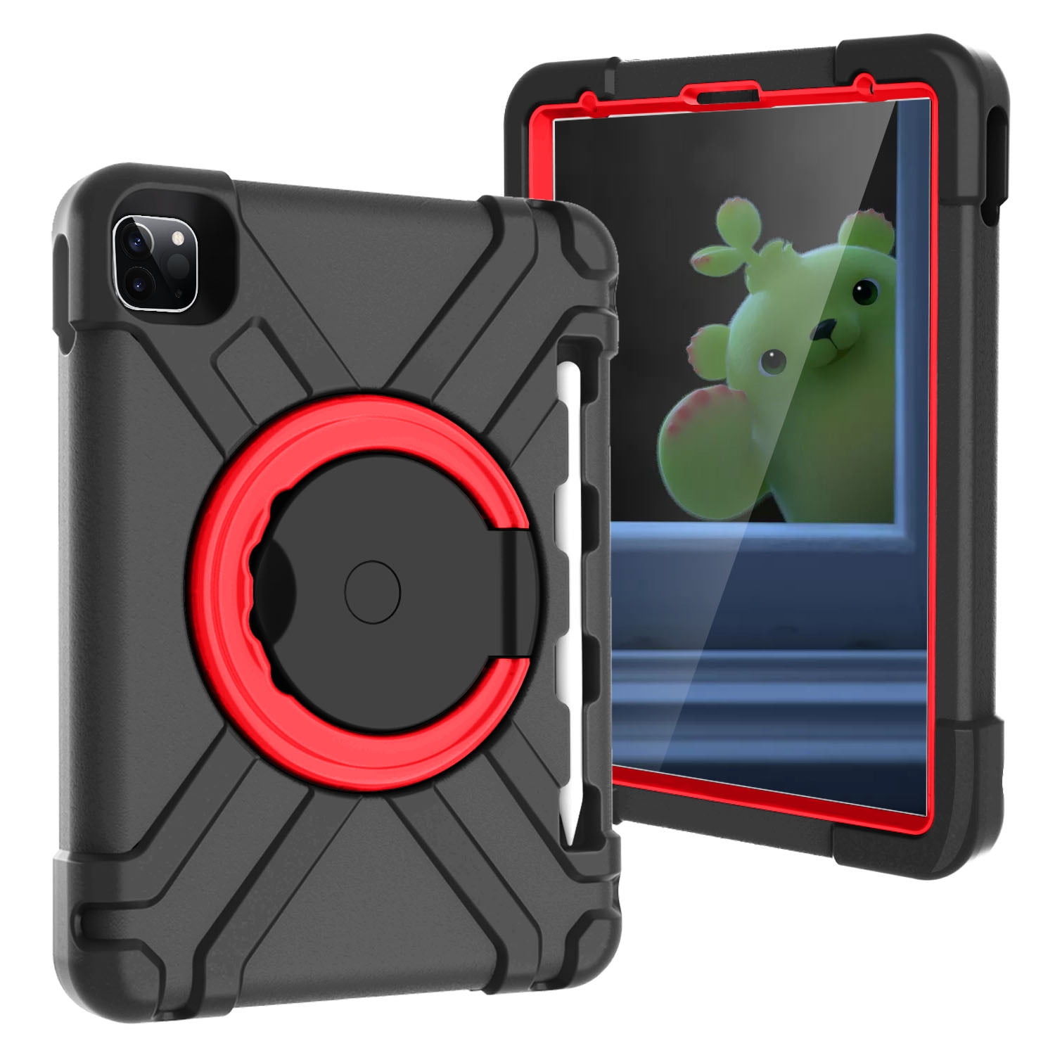 iPad Pro 11 2020 Case with Pencil Holder, Allytech Kids Friendly Case 360 Rotating Kickstand Heavy Duty Protective Shockproof Case Cover for Apple iPad Pro 11 2nd Generation 2020, Black/Red
