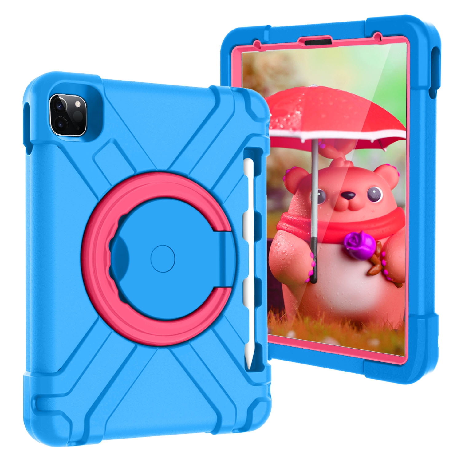 iPad Pro 11 2020 Case with Pencil Holder, Allytech Kids Friendly Case 360 Rotating Kickstand Heavy Duty Protective Shockproof Case Cover for Apple iPad Pro 11 2nd Generation 2020, Blue/Rose