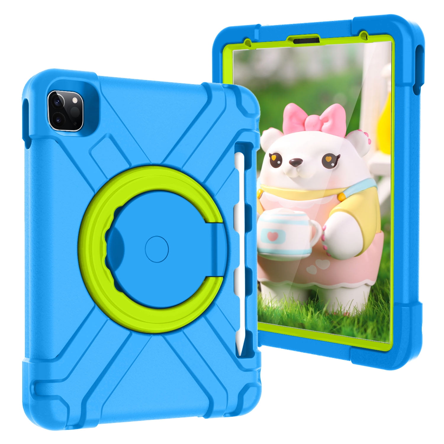 iPad Pro 11 2020 Case with Pencil Holder, Allytech Kids Friendly Case 360 Rotating Kickstand Heavy Duty Protective Shockproof Case Cover for Apple iPad Pro 11 2nd Generation 2020, Blue/Green