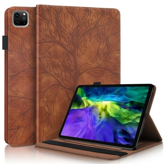 iPad Pro 11 2020 Case, iPad Pro 11 inch 2nd Generation Case, Dteck Embossed Tree Pattern PU Leather Magnetic Flip Folio Stand Case Auto Wake Sleep with Card Slots/Elastic Band/Stylus Loop, Brown