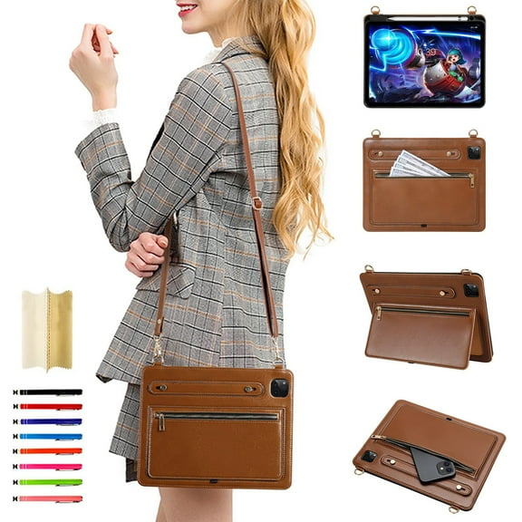 for iPad Pro 11 2022/2021/2020/2018/Air 4/Air 5 Envelope Wallet Back Case, Premium PU Leather Zipper Pocket Kickstand with Shoulder Strap & Hand Strap Tablet Case Cover - Brown