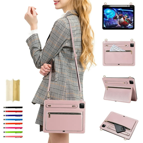 for iPad Pro 11 2022/2021/2020/2018/Air 4/Air 5 Envelope Wallet Back Case, Premium PU Leather Zipper Pocket Kickstand with Shoulder Strap & Hand Strap Tablet Case Cover - Pink