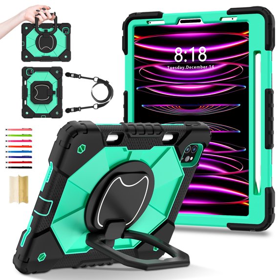 for iPad Pro 11 2022/2021/2020/2018/Air 4/Air 5 with Pencil Holder/360° Rotating Kickstand/Grip Handle/Shoulder Strap Kids Girls Heavy Duty Protective 3-Layers Cover, Black+Mint