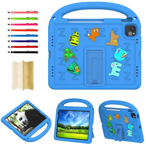 for iPad Pro 11" 2022 2021 2020 2018/Air 4th 2020/Air 5th 2022 Silicone Kids Friendly Shockproof Cute Case with Handle Grip, Heavy Duty Multiple Angles Kickstand Rugged Cover, Blue