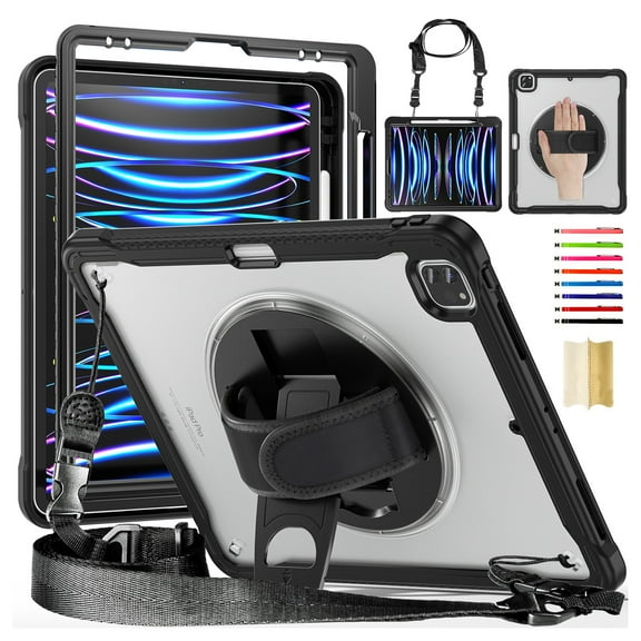 for iPad Pro 11 2022/2021/2020/2018 Rugged Case, 360 Rotating Hand Strap Stand/Pencil Holder/Adjustable Crossbody Strap, [2 In 1] Protective for iPad Air 4/Air 5, Black