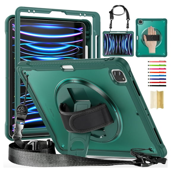 for iPad Pro 11 2022/2021/2020/2018 Rugged Case, 360 Rotating Hand Strap Stand/Pencil Holder/Adjustable Crossbody Strap, [2 In 1] Protective for iPad Air 4/Air 5, Darkgreen