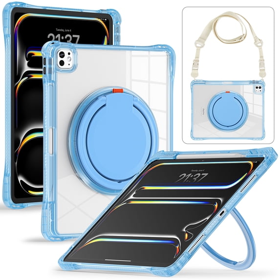 for iPad Pro 11" 2024 Case with Rotatable Stand & Portable Handle, Protective Clear Shockproof Dropproof Rugged Shoulder Strap Kids Friendly Cover for iPad Pro 11" 2024, Lightblue