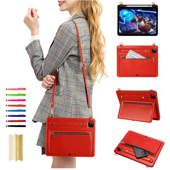 for iPad Pro 11" 2024 M4 5th Geneartion A2836/A2837/A3006 Envelope Wallet Back Case, Premium PU Leather Zipper Pocket Kickstand with Shoulder Strap & Hand Strap Cover - Red