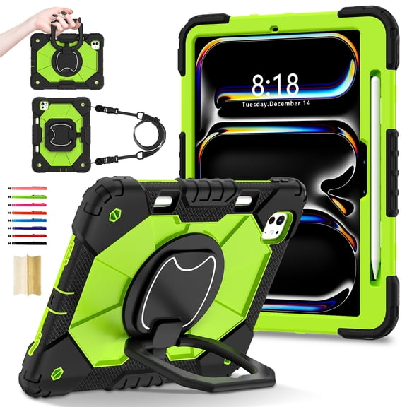 for iPad Pro 11" 2024 M4 5th Geneartion A2836/A2837/A3006 with Pencil Holder/360° Rotating Kickstand/Grip Handle/Shoulder Strap Kids Girls Heavy Duty Protective 3-Layers Cover, Black+Olivine