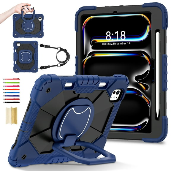 for iPad Pro 11" 2024 M4 5th Geneartion A2836/A2837/A3006 with Pencil Holder/360° Rotating Kickstand/Grip Handle/Shoulder Strap Kids Girls Heavy Duty Protective 3-Layers Cover, Darkblue+Black